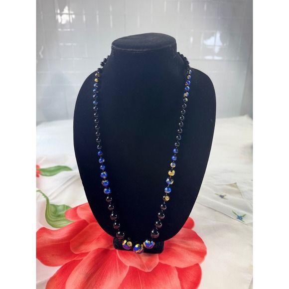 Vintage Jewelry - Vintage Black Blue Gold Splatter Art Glass Beaded Graduated Necklace 28 Inch‎
